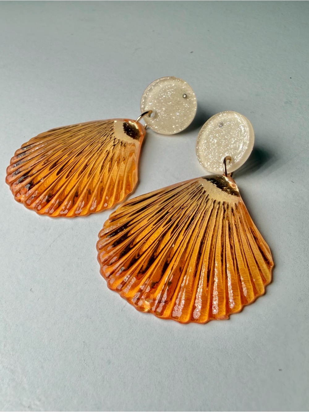 Handcrafted Orange Shell Drop Earrings with Cream Sparkle Stud